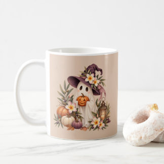 Whimsical Autumn Ghost with Pumpkins and Flowers Koffiemok