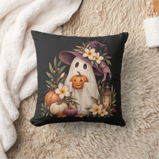 Whimsical Autumn Ghost with Pumpkins and Flowers Kussen
