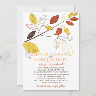 Whimsical Autumn Lovebird Wedding Invitation Kaart