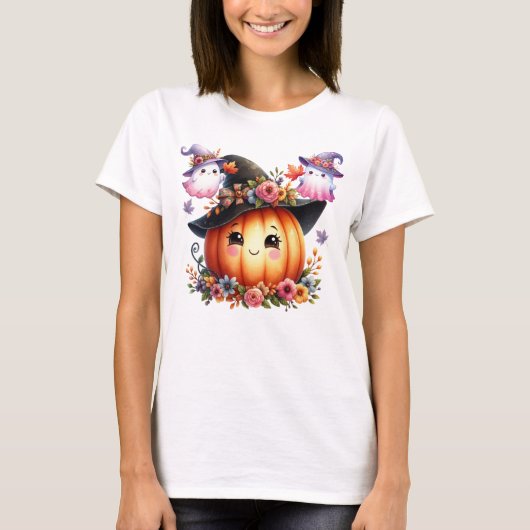 Whimsical Autumn Pumpkin Witch Design T-shirt (Voorkant)