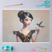 Whimsical Aziatische Meisje met Kolibrie Decoupage Tissuepapier (Craft)