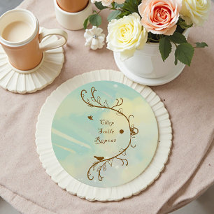 Whimsical Baby Blue Chirp, Glimlach, Herhaal Onder Ronde Kartonnen Onderzetter
