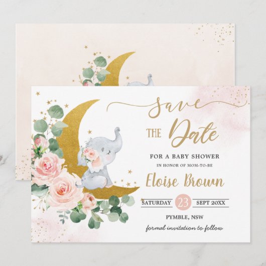 Whimsical Baby Elephant Crescent Mon Blush Floral Save The Date (Voorkant / Achterkant)