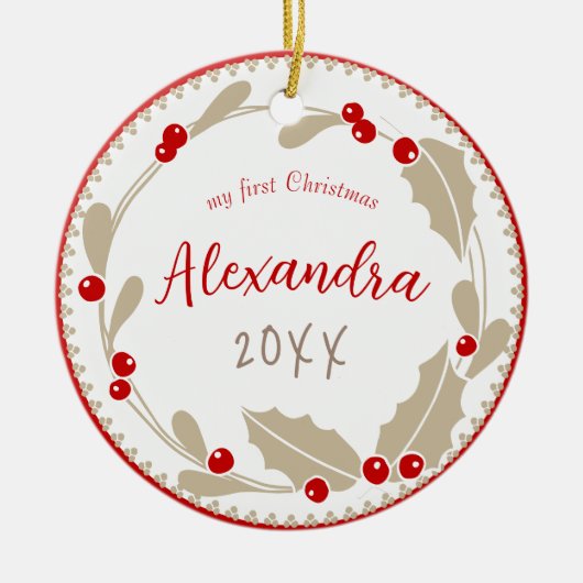 Whimsical Baby's eerste kerstfoto | Rood Beige Keramisch Ornament (Voorkant)