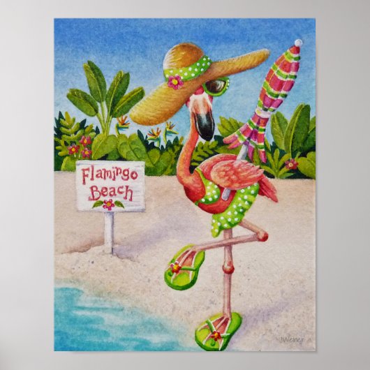 Whimsical Beach Babe Flamingo 2 Waterverf 11x14 Poster (Voorkant)