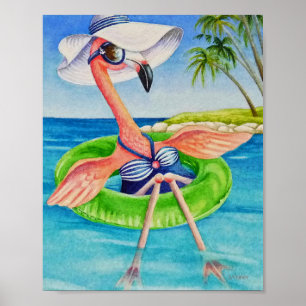 Whimsical Beach Babe Flamingo 3 Waterverf 8x10 Poster