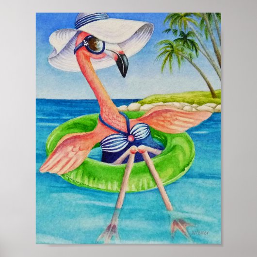 Whimsical Beach Babe Flamingo 3 Waterverf 8x10 Poster (Voorkant)
