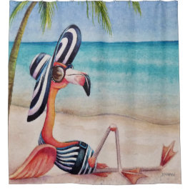 Whimsical Beach Babe Flamingo No. 1 Waterverf Art Douchegordijn