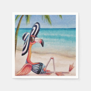 Whimsical Beach Babe Flamingo No. 1 Waterverf Art Servet