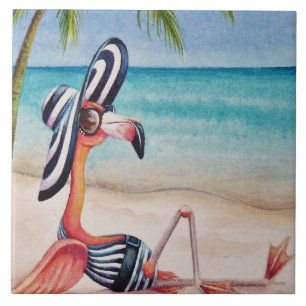 Whimsical Beach Babe Flamingo No. 1 Waterverf Art Tegeltje