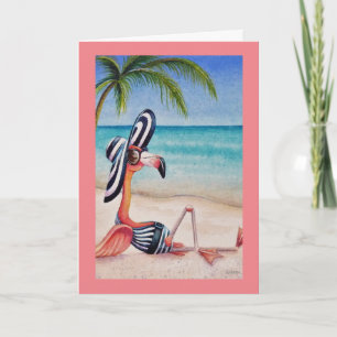 Whimsical Beach Babe Pink Flamingo No. 1 Art Kaart
