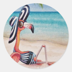 Whimsical Beach Babe Pink Flamingo No. 1 Ronde Sticker