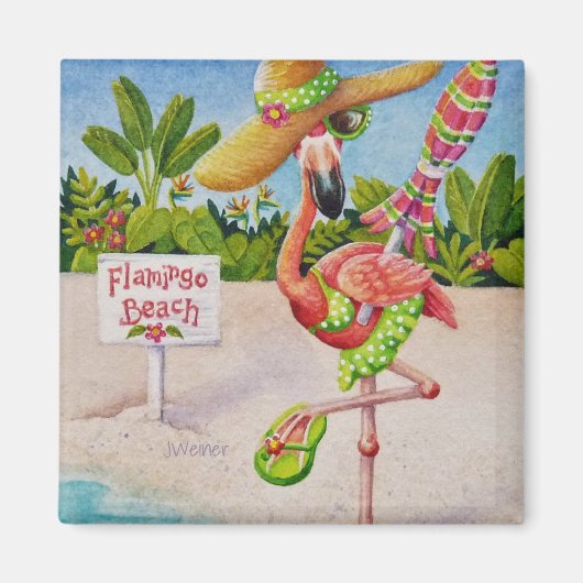 Whimsical Beach Babe Pink Flamingo No. 2 Magneet (Voorkant)