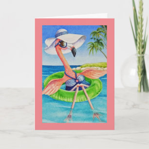Whimsical Beach Babe Pink Flamingo No. 3 Art Kaart