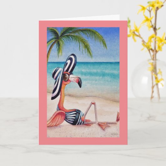 Whimsical Beach Babe Roze Flamingo Nr. 1 Kunst Kaart (Gele Bloem)