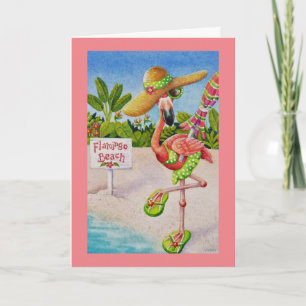 Whimsical Beach Babe Roze Flamingo Nr. 2 Kunst Kaart