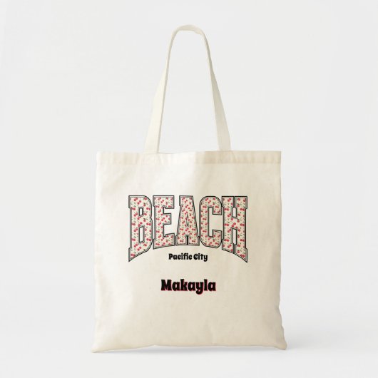 Whimsical BEACH Rode Kersen Varsity Letters Tote Bag (Voorkant)