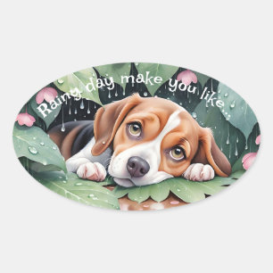 Whimsical Beagle regenachtige dag groene bladeren Ovale Sticker