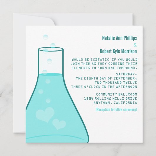 Whimsical Beaker Wedding Invite, Aqua Kaart (Voorkant)