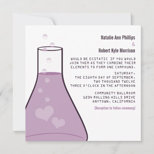 Whimsical Beaker Wedding Invite, Paars Kaart (Voorkant)
