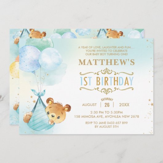 Whimsical Bear Balloons 1e verjaardag Kaart (Voorkant / Achterkant)