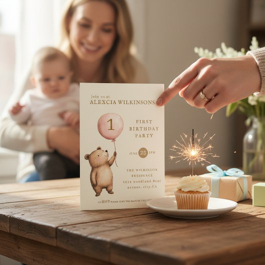 Whimsical Bear "One" Heart Balloon Birthday  Kaart