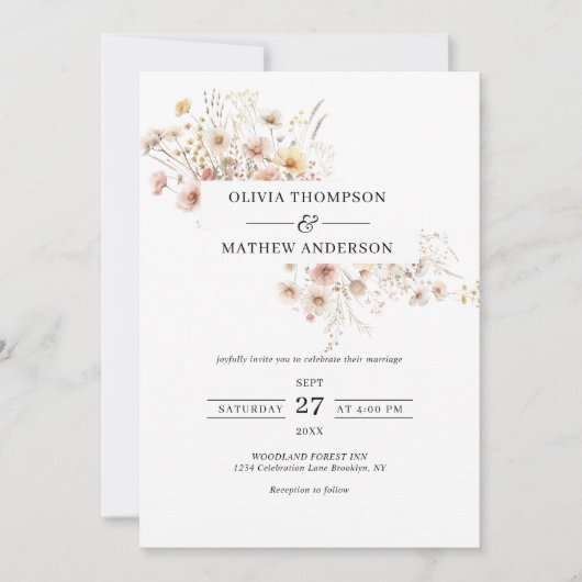 Whimsical Beige Meadow Wildflower Lijst Bruiloft Kaart (Voorkant)