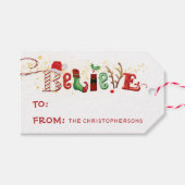 Whimsical BELIEVE Cute Santa Typografie Cadeaulabel (Voorkant (Horizontaal))