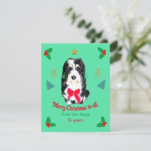 Whimsical Bernedoodle hond Kerstkaart (Staand voorkant)