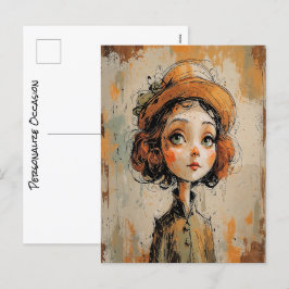 Whimsical Big Eye Girl Portret Vrouwe in Pet Art Feestdagenkaart