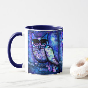 Whimsical Big-Eye Owl Bird Blauw Paarse nacht Mok
