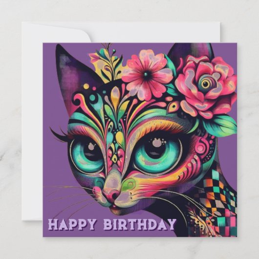 Whimsical Big-Eye Retro Diva Cat Verjaardag Kaart (Voorkant)