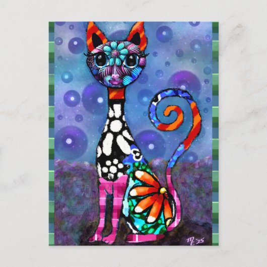 Whimsical Big-Eyed Funky Abstract Kitty Cat Briefkaart (Voorkant)