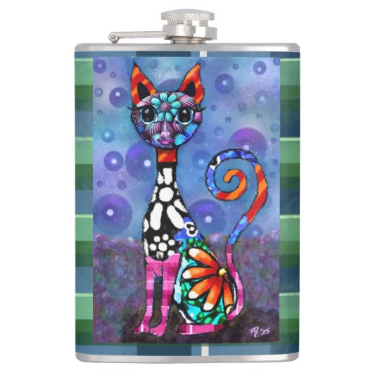Whimsical Big-Eyed Funky Abstract Kitty Cat Heupfles (Voorkant)