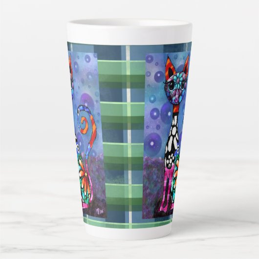 Whimsical Big-Eyed Funky Abstract Kitty Cat Latte Mok (Voorkant)