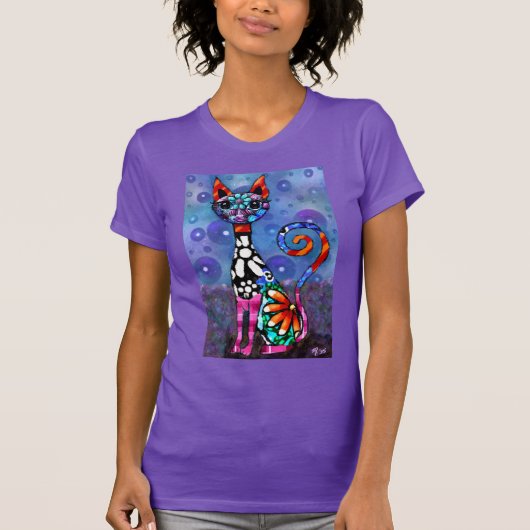 Whimsical Big-Eyed Funky Abstract Kitty Cat T-shirt (Voorkant)