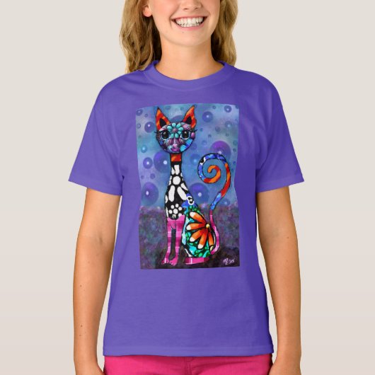 Whimsical Big-Eyed Funky Abstract Kitty Cat T-shirt (Voorkant)