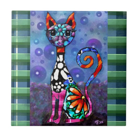 Whimsical Big-Eyed Funky Abstract Kitty Cat Tegeltje (Voorkant)