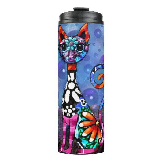 Whimsical Big-Eyed Funky Abstract Kitty Cat Thermosbeker (Voorkant)