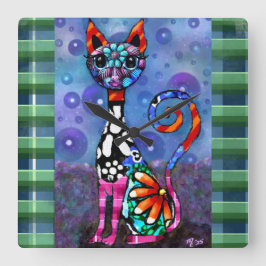 Whimsical Big-Eyed Funky Abstract Kitty Cat Vierkante Klok