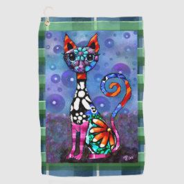 Whimsical Big-Eyed Funky Kitty Cat Abstract Golfhanddoek