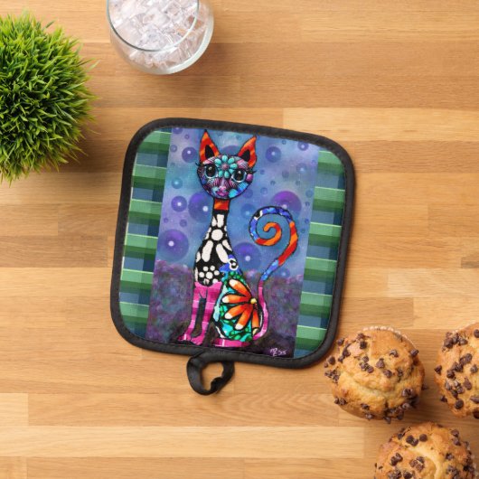 Whimsical Big-Eyed Funky Kitty Cat Abstract Pannenlap (Top down)