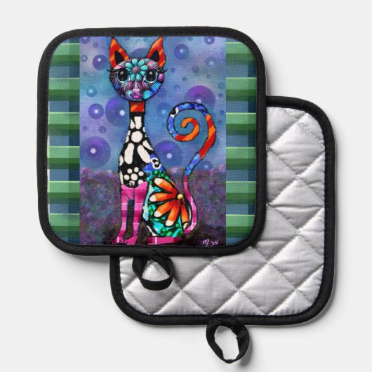 Whimsical Big-Eyed Funky Kitty Cat Abstract Pannenlap (Voorkant / Achterkant)