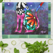 Whimsical Big-Eyed Funky Kitty Cat Abstract Theedoek (Gevouwen)