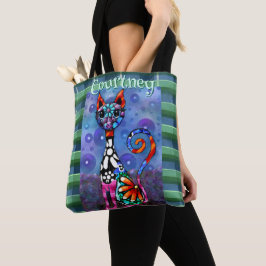 Whimsical Big-Eyed Funky Kitty Cat Personalized Draagtas