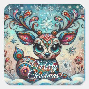 Whimsical Big Eyes Kerst Rendier Folk Art Vierkante Sticker