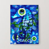 Whimsical Big-Eyes Seahorse Art Blue Personalized Button (Voorkant)