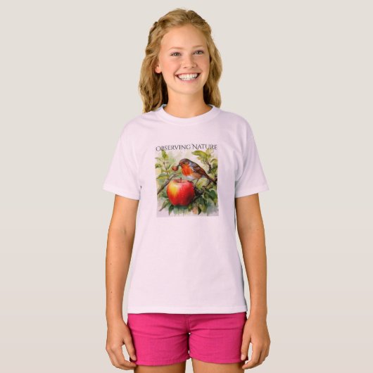 Whimsical Bird & Apple Delight T-shirt (Voorkant volledig)