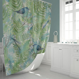 Whimsical Bird Dragonflies Blue Fern Planten Flora Douchegordijn