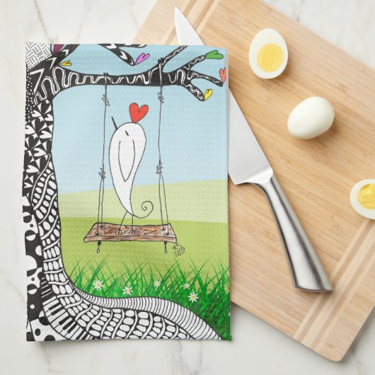 Whimsical Bird on a Tree Swing Keukenhanddoek (Quarter Fold)